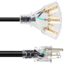 Cable de extensión al aire libre de 50 pies 12/3: goma, flexible, salida triple, alambre negro con indicador de luz de alimentación viva. 15 amperios